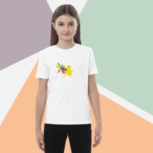 Camiseta algodón orgánico niño Libélula colores mágicos sobre hoja amarilla